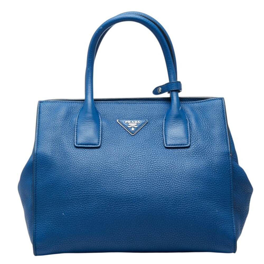 Prada Triangle Logo Plate Handbag Tote Bag Blue Leather Women's PRADA